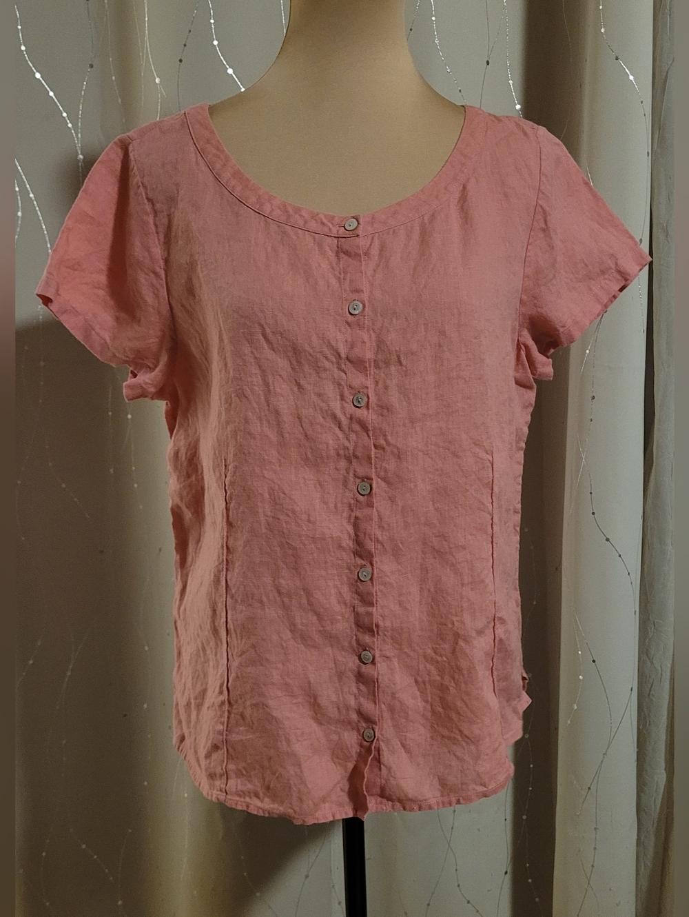 Eileen Fisher Pink 100% Irish Linen Button Front Short Sleeve Blouse Size L